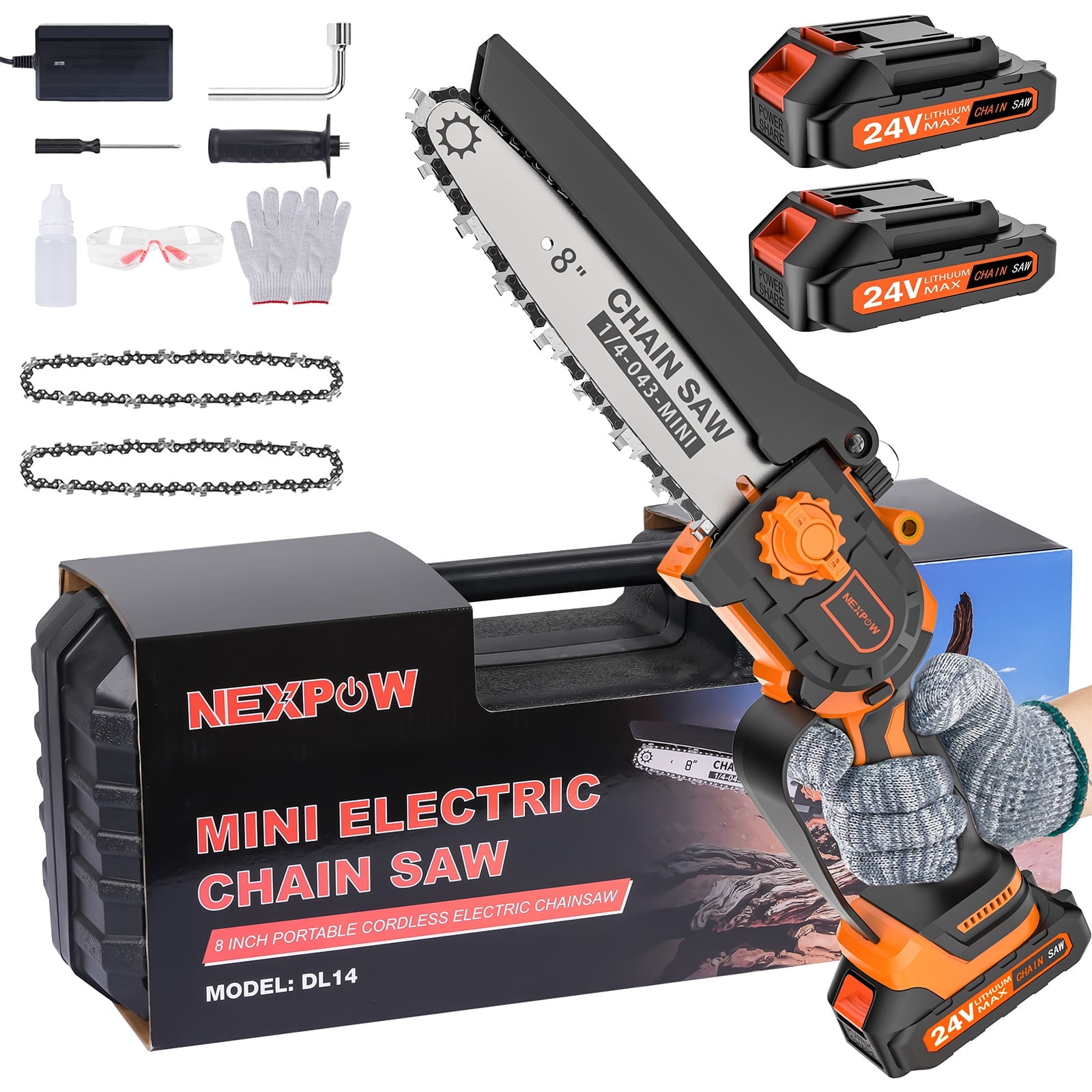 "NEXPOW 8"" Mini Chainsaw, Brushless, Lithium Tool, 24V, Safety Lock, 2 Chains (Orange)"
