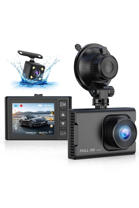 Dash Cam Front and Rear, 1080P Full HD Dash Camera, Dashcam with Night Vision, Car Camera with 3-inch LCD Display, G-Sensor, Loop Recording, WDR