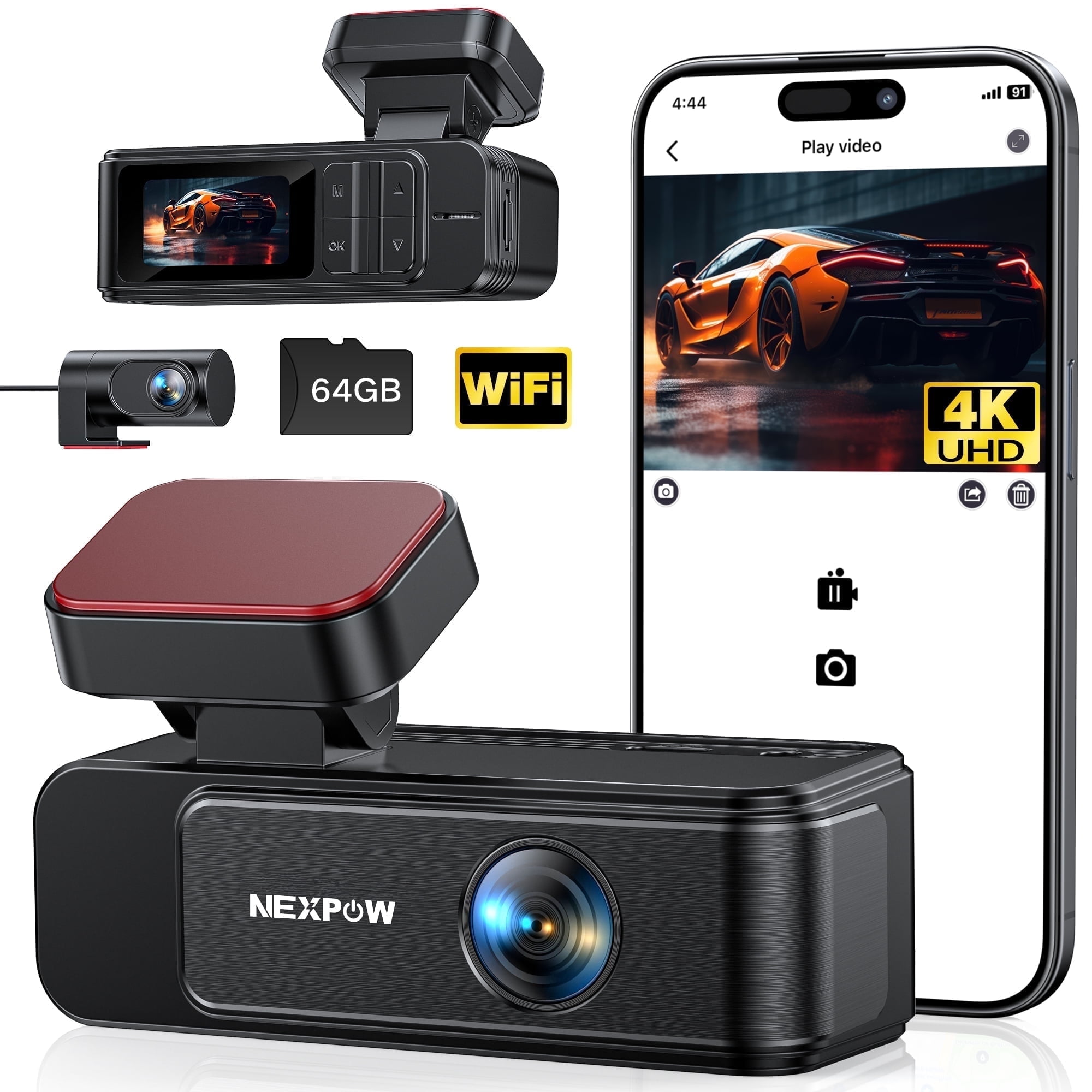 NEXPOW 4K+2K Dash Cam,Front and Rear Dual Dash Camera for Cars with 64GB Card,Built-in Wifi,Night Vision,G-Sensor,Loop Recording