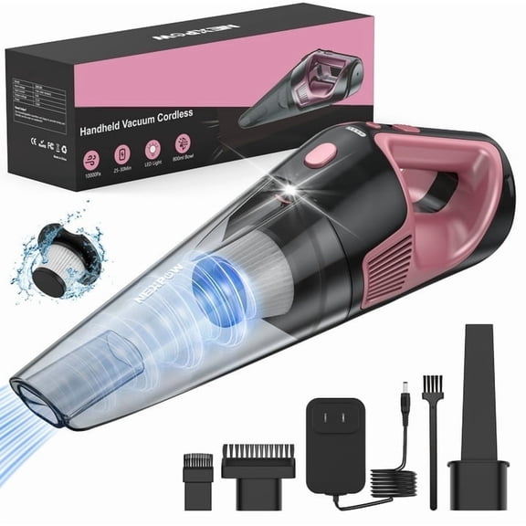 NEXPOW Cordless Handheld Vacuum Pink, 10000Pa Car Vacuum Cleaner, 50Min Runtime 7800mAh, LED Light & Charger, Lightweight 1.9lb for Home Car Pet Hair
