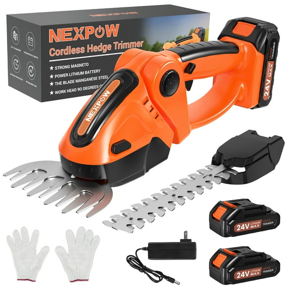 NEXPOW Hedge Trimmer Cordless - 24V Battery Powered, 2-in-1 Cordless Grass Shears, 2 Batteries for Garden and Lawn Maintenance