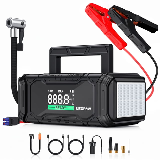 4000A Jump Starter With Air Compressor – 12V Portable Car Battery Booster & Tire Inflator For 10L Gas/8L Diesel, With LED Light & Fast Charging
