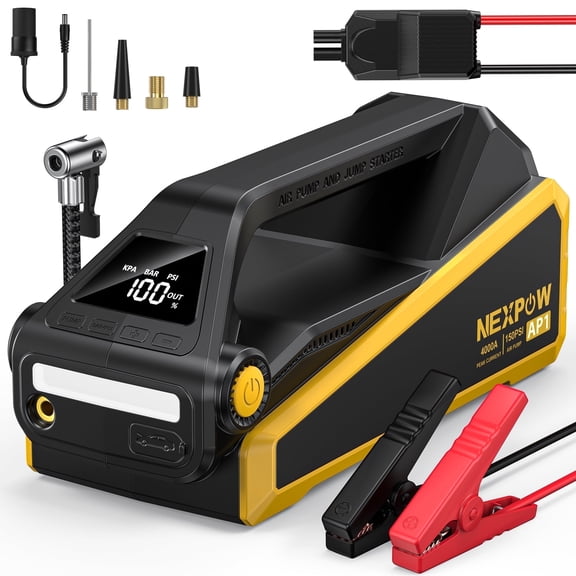 NEXPOW 4000A Car Battery Jump Starter with 150 PSI Air Compressor, 12V Jump Box with Jumper Cables(All Gas/ 10.0L Diesel), LCD Display