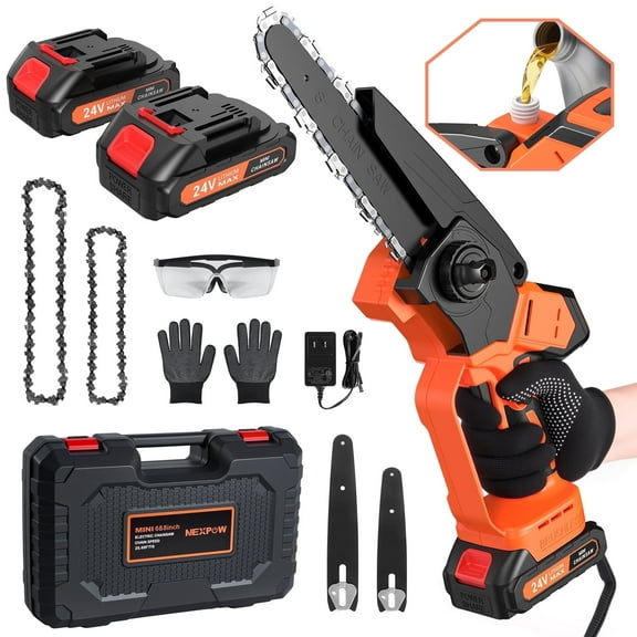 NEXPOW 6 & 8 inch Mini Chainsaw with 2 Batteries,Cordless Electric Handheld Chainsaw for Wood Cutting Tree Trimming Courtyard Household Garden,Orange