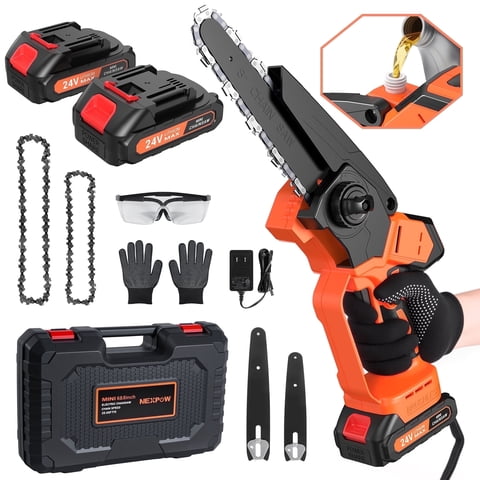 NEXPOW Cordless Brushless Mini Chainsaw, 6-Inch & 8-Inch, Rechargeable Electric Saw with 2 Batteries