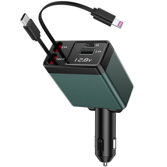NEXPOW Retractable Car Charger Adapter,150W Fast Charger for Car, 4 in 1 Car Phone Charger with Cables(2.6ft),180 Adjustable,Voltage Display-Green