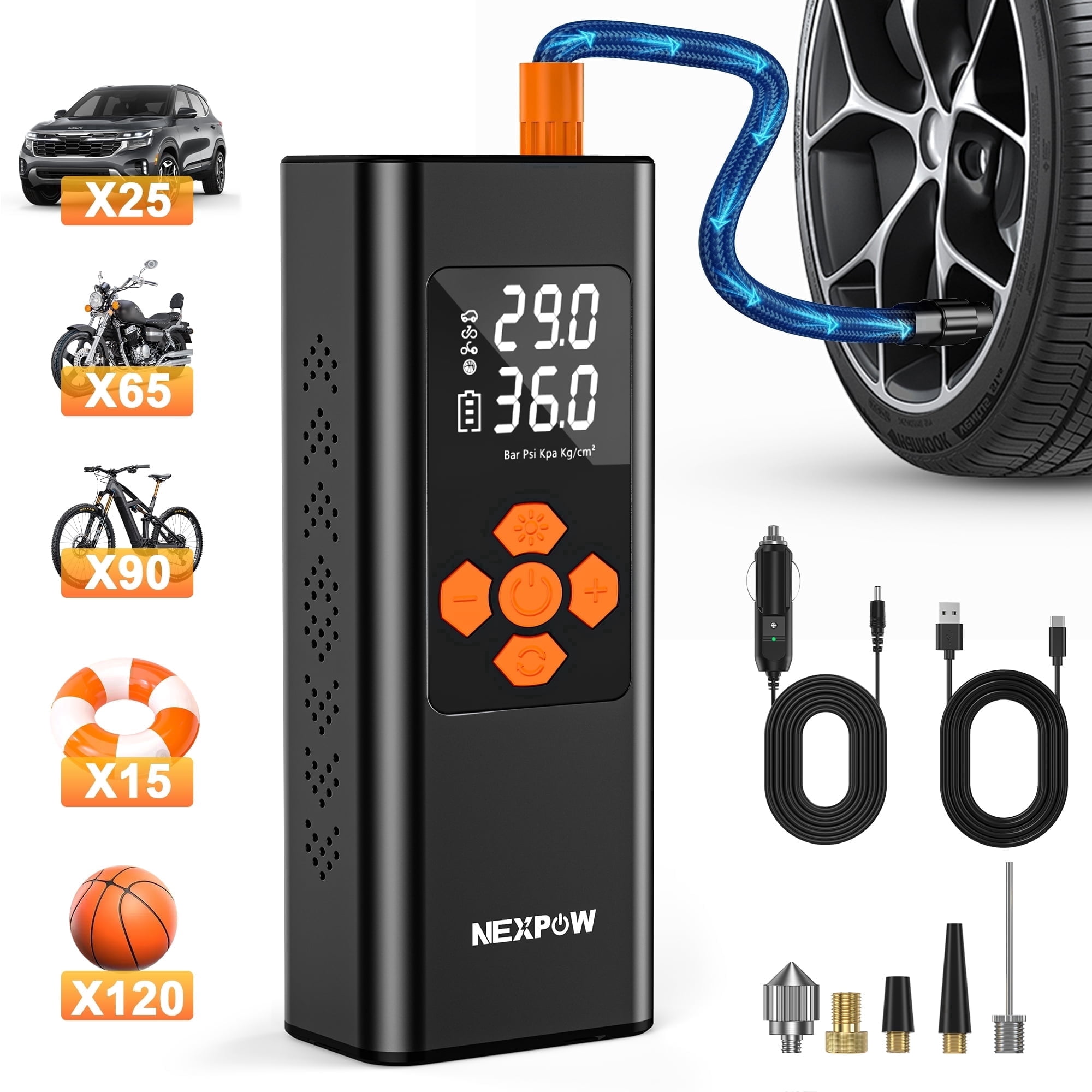 NEXPOW 150PSI Cordless Tire Inflator, 7500mAh Air Compressor with Dual-Screen Display & Auto Shut-Off, Portable Air Pump for Car/Motorcycle/Bike, USB Power Bank + LED Light, Black