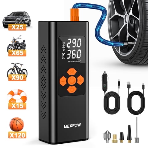 NEXPOW 150PSI Cordless Tire Inflator, 7500mAh Air Compressor with Dual-Screen Display & Auto Shut-Off, Portable Air Pump for Car/Motorcycle/Bike, USB Power Bank + LED Light, Black