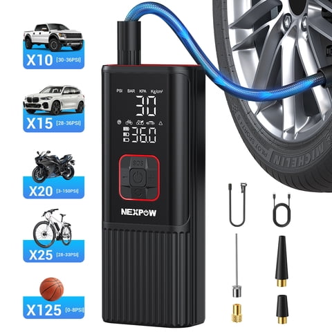 NEXPOW 150PSI Cordless Tire Inflator, Portable Air Pump for Car Tires with Auto Shutoff, Digital Pressure Gauge & LED Light, Dual Power Tire Pump for Car/Bike/Motorcycle/Ball