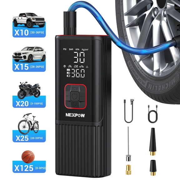 NEXPOW 150PSI Cordless Tire Inflator, Portable Air Pump for Car Tires with Auto Shutoff, Digital Pressure Gauge & LED Light, Dual Power Tire Pump for Car/Bike/Motorcycle/Ball