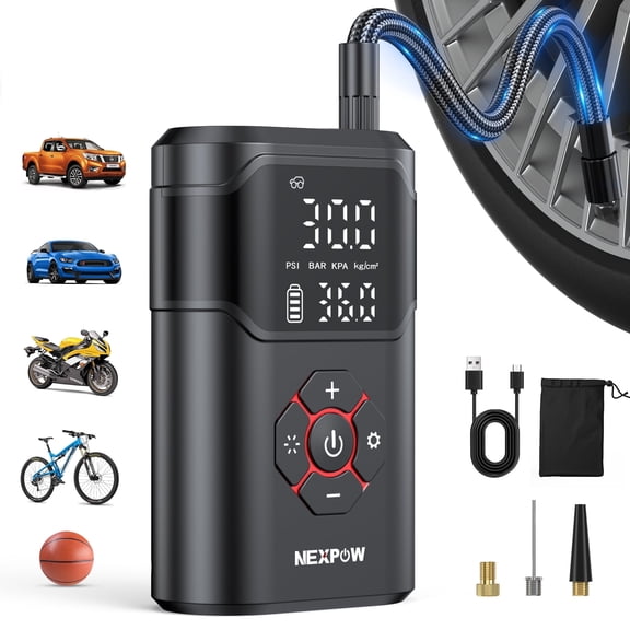 NEXPOW Portable Tire Inflator Air Compressor, 150 PSI Air Pump for Car Tires, 3X Fast Inflation with Dual-Screen Display, Cordless Tire Pump for Car, Motorcycle, Bike & Ball
