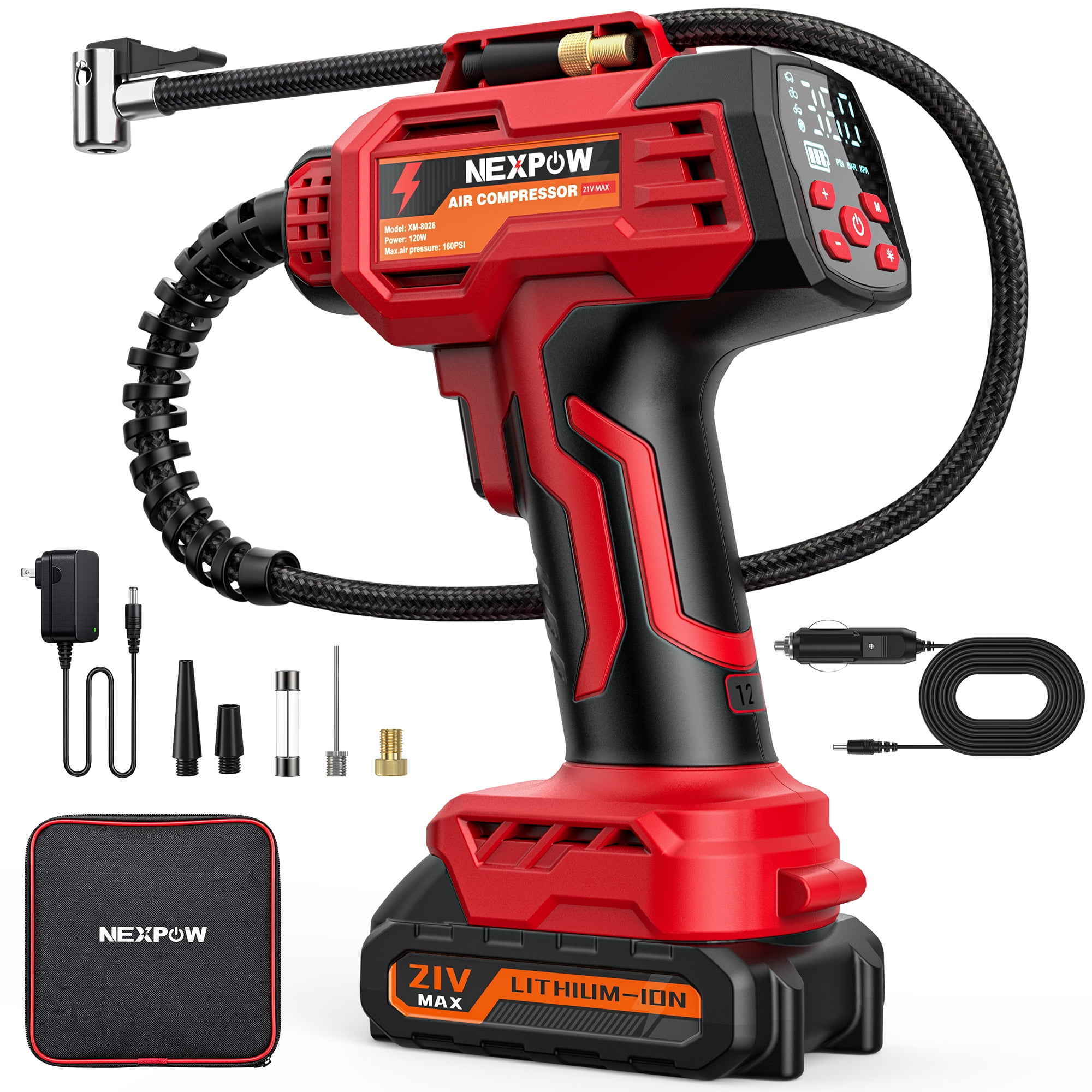 NEXPOW 160PSI Cordless Tire Inflator Portable Air Compressor, Air Pump for Car Tires with Removable 21V Battery, 12V DC Dual Power, Digital Gauge, Auto Shut-Off