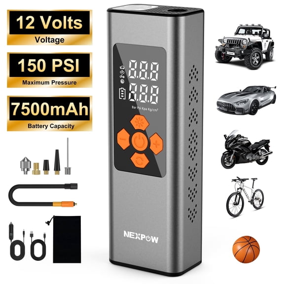 NEXPOW Portable Air Compressor Tire Inflator, 150PSI 7500mAh Cordless Car Air Pump with 12V DC Adapter, Aluminum Alloy Housing, Dual-Screen & Auto Shut-Off