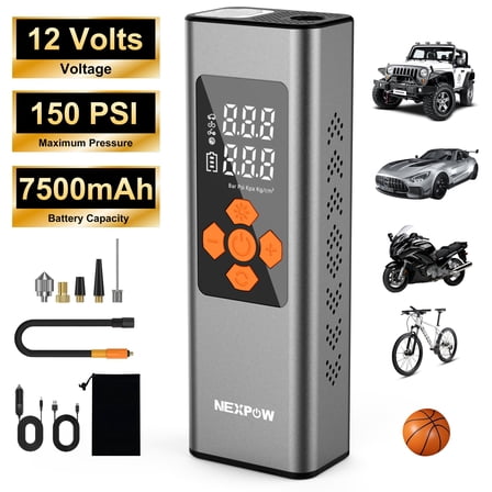 NEXPOW Portable Tire Inflator Air Compressor, 150 PSI Cordless 12V Car Tire Pump with Digital Pressure Gauge, Auto Shut Off, LED Emergency Light, Rechargeable Air Pump for Cars, Bikes & Balls
