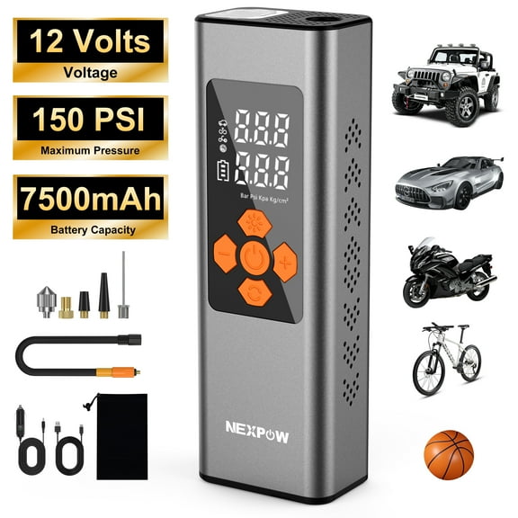 NEXPOW Tire Inflator Portable Air Compressor, 150 PSI Air Pump for Car Tires with Pressure Gauge, LED Light and Auto Shut-Off, Cordless Pump with Dual Power Supply for Cars, Bikes, Balls