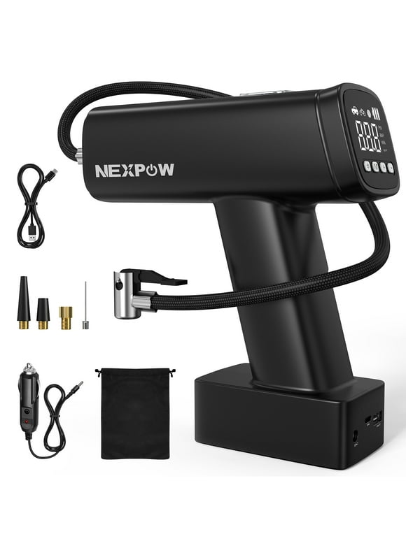 NEXPOW Tire Inflator Portable Air Compressor - Air Pump for Car Tires (up to 160 PSI)12V DC Cordless Tire Pump w/ LED and Digital Display - Ideal for Cars, E-Bikes, Motorcycles, and Balls