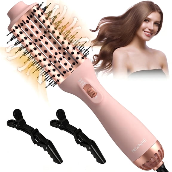 NEXPURE Blow Dryer Brush for Thick Hair – 4 in 1 Hair Dryer Brush Ionic Ceramic Titanium Hot Air Volumizer & Anti-Frizz Styler, Pink