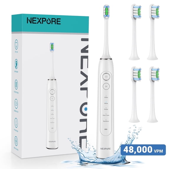 NEXPURE Sonic Electric Toothbrush for Adults, 2 Minute Smart Timer, 60 Day Long Battery Life, 4 Brush Heads & 5 Modes for Gentle Gum Care, White
