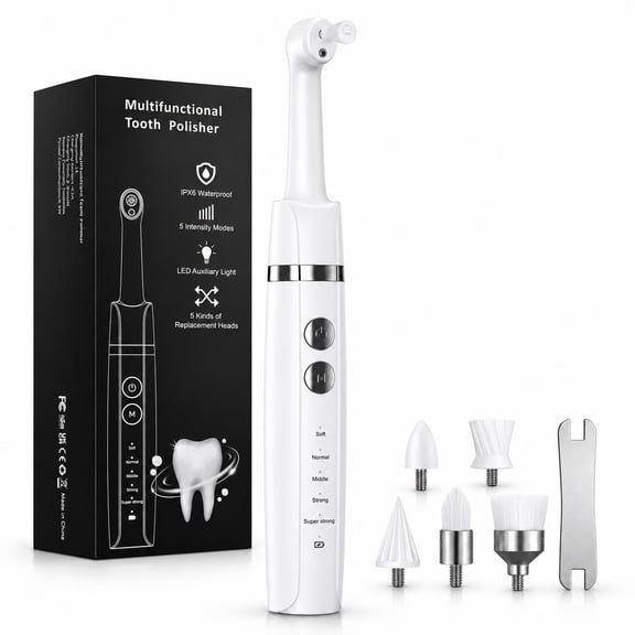 NEXPURE Tooth Polisher, Teeth Whitening Kit with 1500mAh Battery, Plaque Remover for Teeth with 5 Brush Heads & Speeds Modes, Ipx6 Waterproof, White