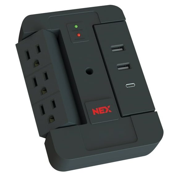 NEXSW32A1CU-B 3Outlet Swivel Space Saving 2USBA + 1USBC Port Surge Protector Wall Tap, Android, iPad, iPhone, iPod Compatible,1500J Joules, 2.4AMP Quick Charge, Black Finish