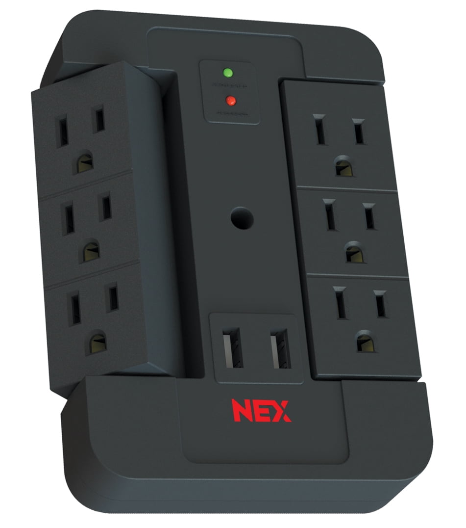 NEXSW62A-B 6 Outlet Swivel Space Saving 2USBA Port Surge Protector Wall Tap, Android, iPad, iPhone, iPod Compatible,900J Joules, 2.4AMP Quick Charge, Balck Finish