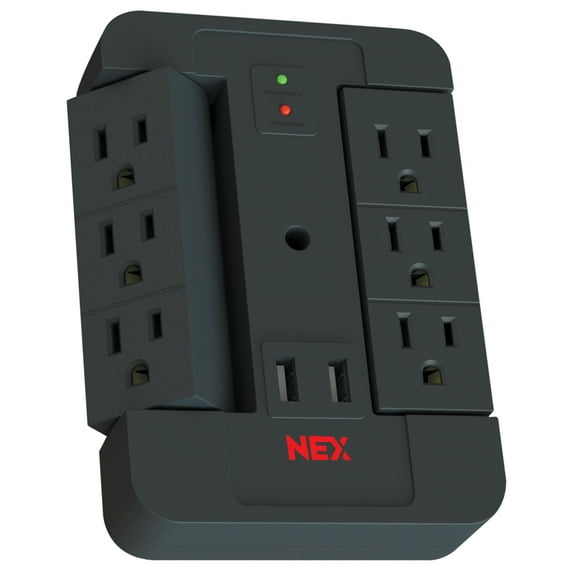 NEXSW62A-B 6 Outlet Swivel Space Saving 2USBA Port Surge Protector Wall Tap, Android, iPad, iPhone, iPod Compatible,900J Joules, 2.4AMP Quick Charge, Balck Finish