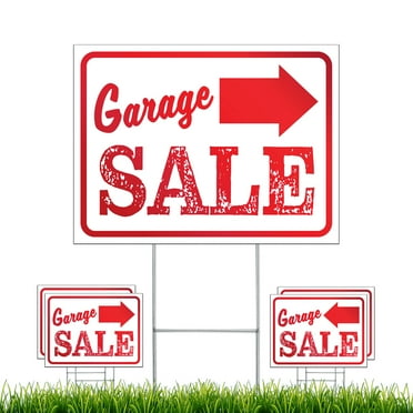 NEXT LEVEL SIGNS | Garage Sale Yard Signs | Double Sided 24 W x 18 H Inches | Metal Ground Step H-Stake 24" x 10" | Made in the USA (Pack of 5)