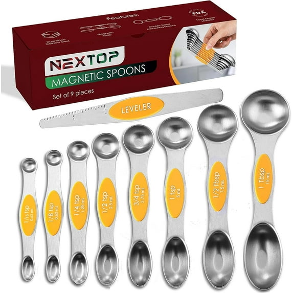 NEXTOP Magnetic Measuring Spoons Set of 9 Stainless Steel Dual-Sided Stackable Measuring Spoon Nesting Teaspoons Measuring Dry and Liquid Ingredients, Fits in Spice Jars- Orange