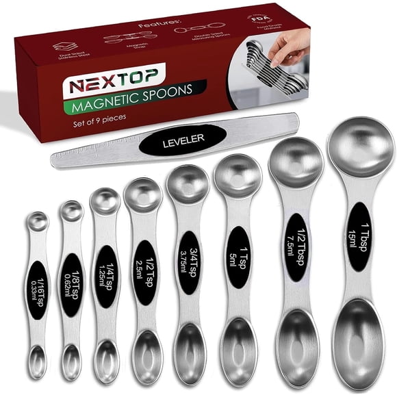 Magnetic Measuring Spoons Set of 9 Stainless Steel Dual-Sided Stackable Measuring Spoon Nesting Teaspoons Measuring Dry and Liquid Ingredients, Fits in Spice Jars Set of 9 - Black