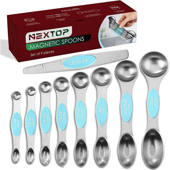 Magnetic Measuring Spoons Set of 9 Stainless Steel Dual-Sided Stackable Measuring Spoon Nesting Teaspoons Measuring Dry and Liquid Ingredients, Fits in Spice Jars Set of 9 - Blue (Aqua Sky)