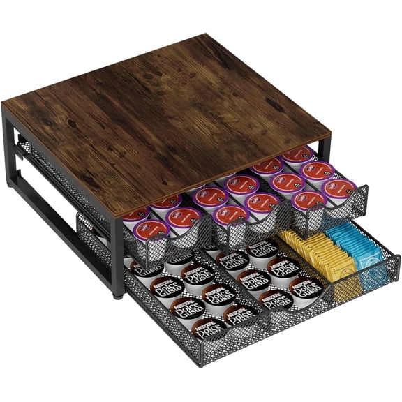 NEYCIL Coffee Pod Holder For Counter, 3 Pull-Out 72 K-Cup Holder Drawer, Wooden Cafe Pods Storage Organizer with Sliding Drawers for Coffee Station, Home, Kitchen, Office, Dorm (Antique Finish)