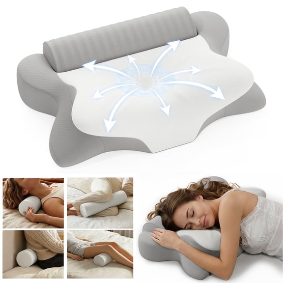 NEYGLIM Ergonomic Memory Foam Cervical Pillows, Detachable Support Roll & Cooling Removable Cover, Gray