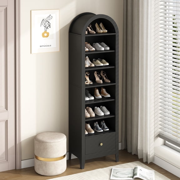 NEYGLIM 71" Tall Arched Bookshelf, 8-Tier Bookcase with Drawer, Freestanding Display Shelf for Home Office, Black