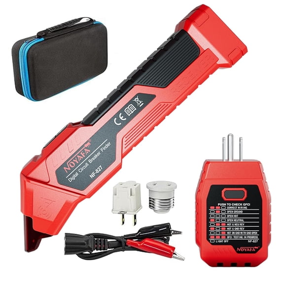 NF-827S Circuit Breaker Locator, GFCI Outlet Tester, Circuit Breaker Finder Tool, 90-120V AC Digital Circuit Finder with NCV Testing and Flashlight, Includes Carrying Case and Adapters