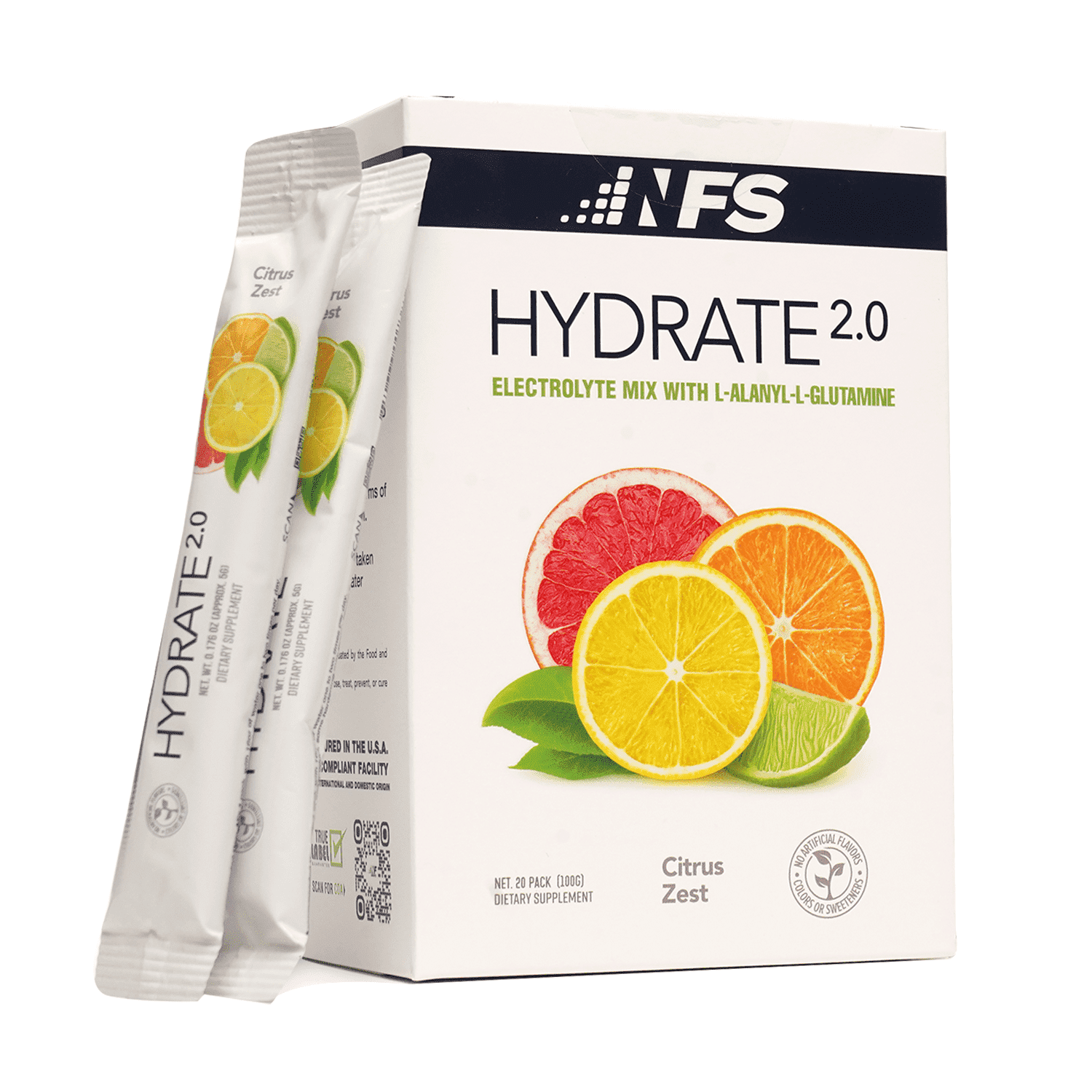 NF Sports Hydrate 2.0 Electrolyte Powder Packets, L-Alanyl-L-Glutamine Hydration and Recovery, Sugar Free, Citrus Zest, 20 Packets