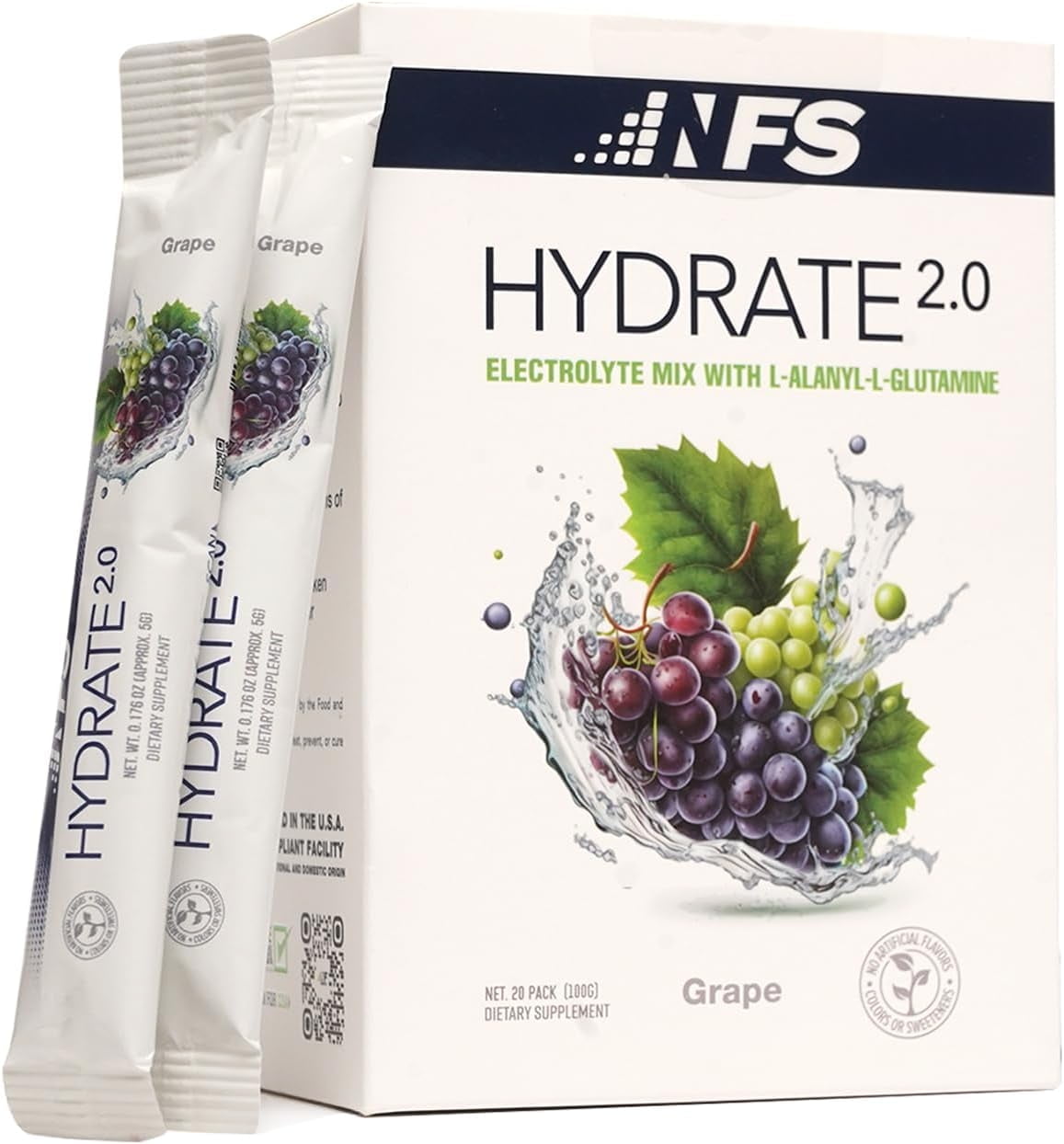 NF Sports Hydrate 2.0 Electrolyte Powder Packets, L-Alanyl-L-Glutamine Hydration and Recovery, Sugar Free, Grape, 20 Packets