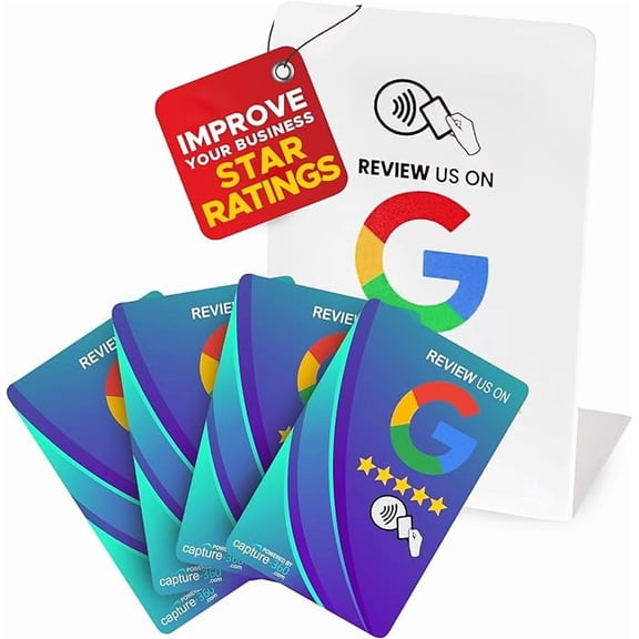 NFC Review Tap Card Stand & Business Review Cards - Boost SEO, Enhance Online Reputation, Easy Setup, Time-Saving, Effortless Review Collection - 1 Stand, 4 Blue Cards