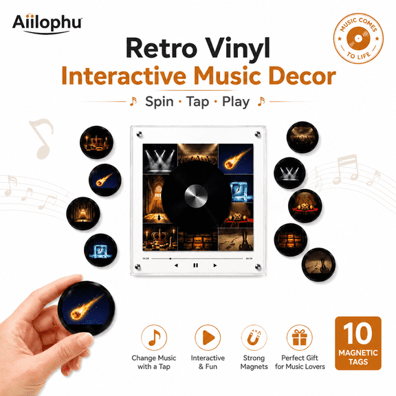 NFC Vinyl Record Player Fridge Magnet, 9 Programmable Discs Magnetic Music Box with Spinning LED Light, Retro Interactive Audio Decor Gift for Home Office