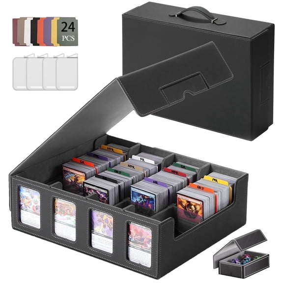 NFJOY Card Storage Box 4 Row Trading, 3200 Capacity Card Deck Box with Commander Display, Portable Handle, Removable Lid and Leather Magnetic Closure, Gray