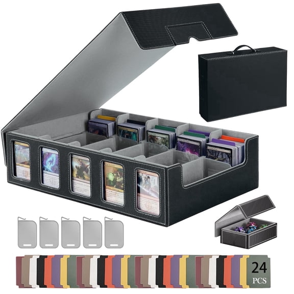 NFJOY 5 Row Trading Card Storage Box, 4000+ Cards Card Deck Box with Commander Display, Portable Handle, Removable Lid and Leather Magnetic Closure, Gray