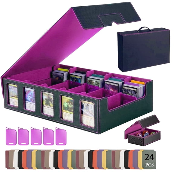 NFJOY 5 Row Trading Card Storage Box, 4000+ Cards Card Deck Box with Commander Display, Portable Handle, Removable Lid and Leather Magnetic Closure, Purple