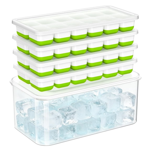 NFK Ice Cube Tray with Lid & Bin - 4 Pack 48 Cubes Stackable Silicone Trays for Freezer with Storage Container, Leak-Proof Lids, BPA-Free, Easy Release for Kitchen, RV, Party, Cocktail & Coffee