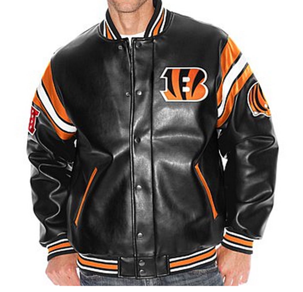 NFL Cincinnatti BENGALS Faux Leather Varsity Jacket Large