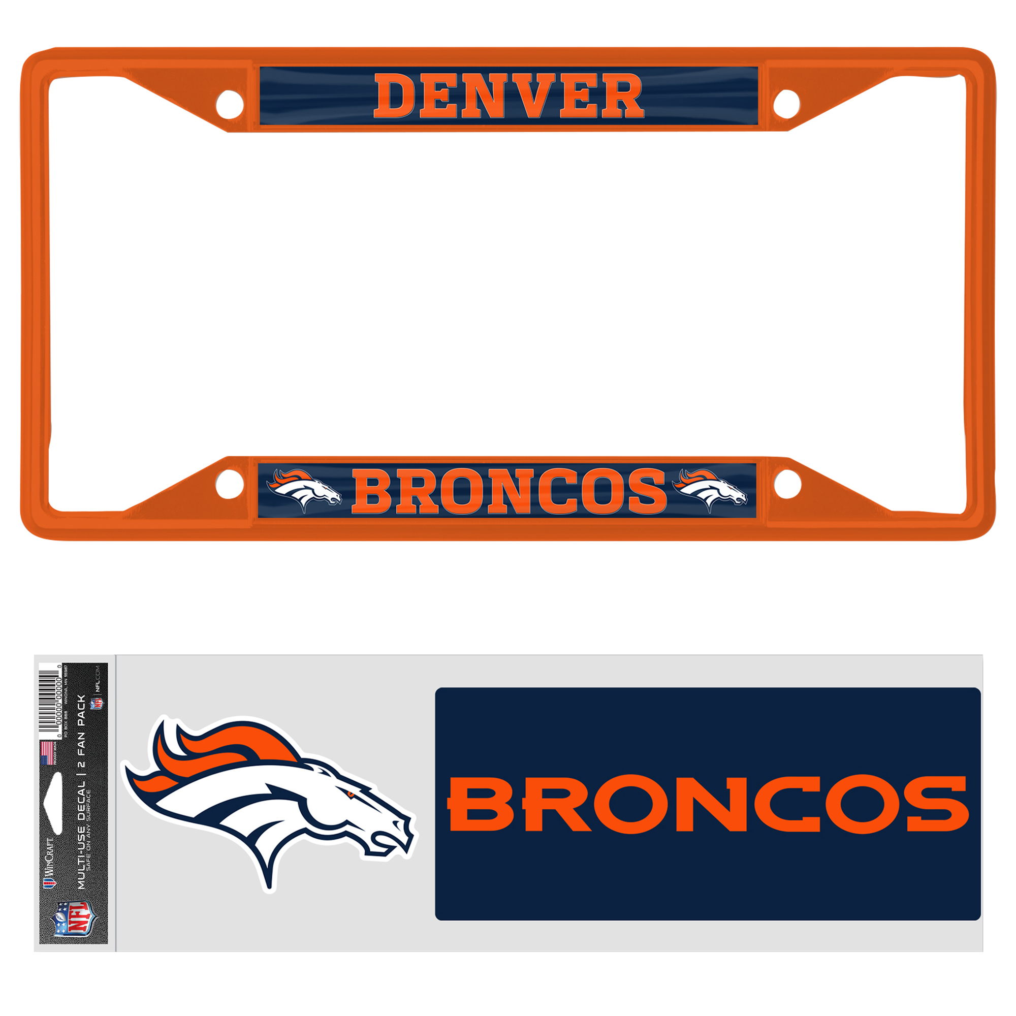 NFL Denver Broncos Team Colored License Plate Frame with Decal Set