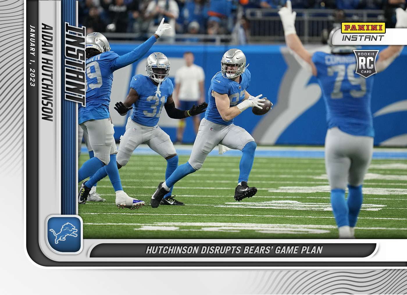 NFL Detroit Lions 2022 Instant Football Aidan Hutchinson 1 of 259 Trading Card #167 (Rookie Card, Disrupts Bears Game Plan) (Panini)