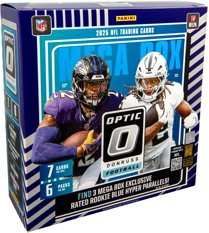 NFL Donruss 2025 Optic Football Trading Card MEGA Box (6 Packs, 3x Rated Rookie Blue Hyper Parallels)