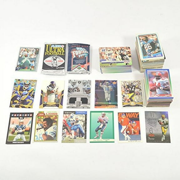 NFL Football MASSIVE 400 Card Warehouse Find Collector Gift Lot Including Relic or Auto, Guaranteed STARS Tom Brady, Aikman, Marino, Emmitt Smith, Barry Sanders, Elway, Favre, Peyton Manning and More