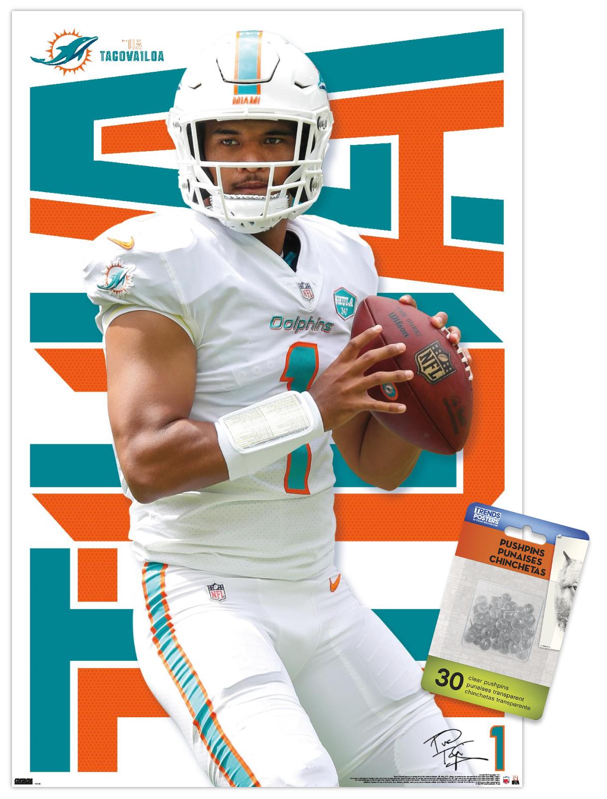 NFL Miami Dolphins - Tua Tagovailoa 20 Wall Poster with Push Pins, 14.725" x 22.375"