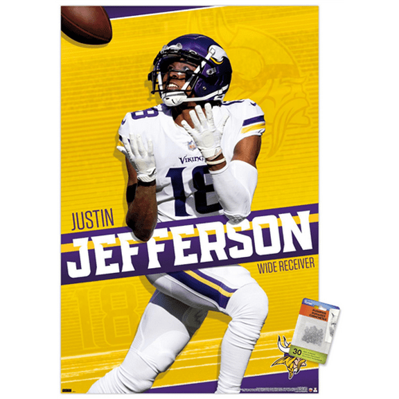 NFL Minnesota Vikings - Justin Jefferson 22 Wall Poster with Push Pins, 22.375" x 34"