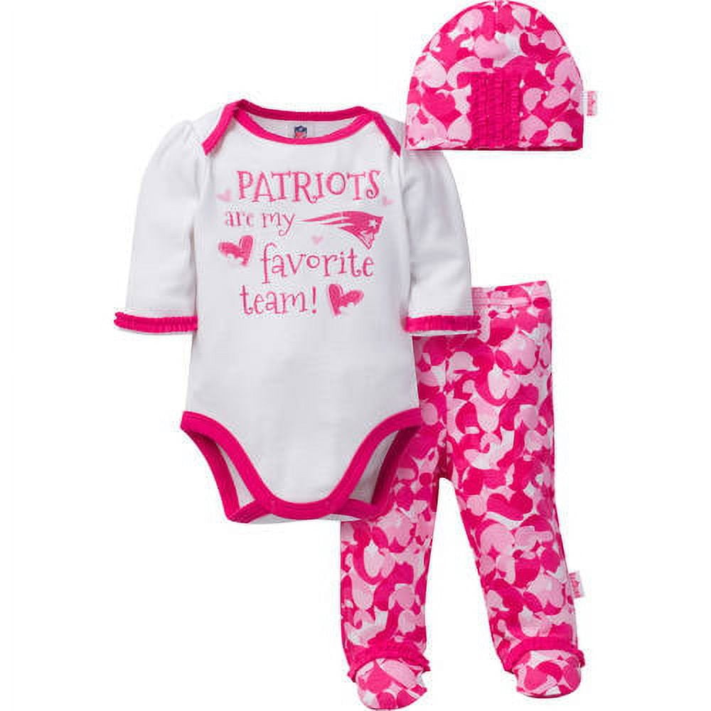NFL New England Patriots Baby Girls Bodysuit Pant and Cap Outfit